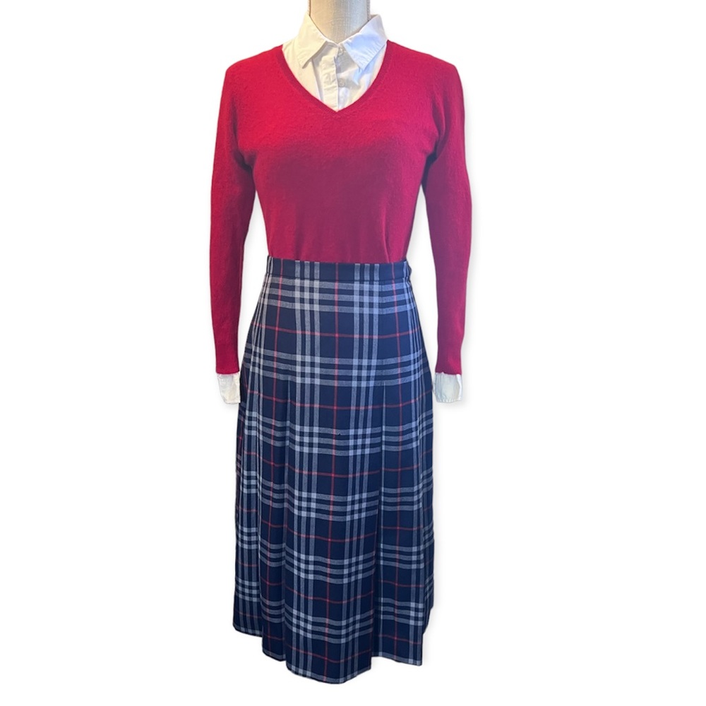 Burberry Red and Blue Plaid Midi Skirt